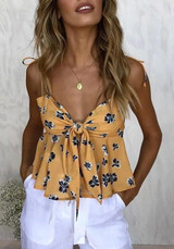 Yellow Flowers Draped Bowknot Peplum Spaghetti Strap V-neck Bohemian Cute Vest