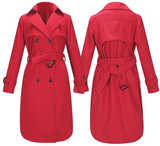 Red Plain Belt Buttons Pockets Turndown Collar Double Breasted Casual Coat