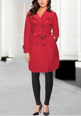 Red Plain Belt Buttons Pockets Turndown Collar Double Breasted Casual Coat