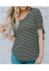 Black-White Striped Print Lace-up Casual Going out T-Shirt