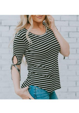 Black-White Striped Print Lace-up Casual Going out T-Shirt