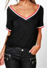 Black Striped Print Backless V-neck Casual T-Shirt
