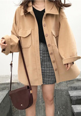 Khaki Pockets Turndown Collar V-neck Long Sleeve Cardigan Coat