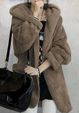 Khaki Irregular Belt Hooded No Button Long Sleeve Cardigan Wool Coat