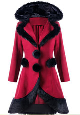 Red Patchwork Drawstring Tie Back Long Sleeve Chrismas Hooded Coat