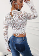White Patchwork Lace Midriff Irregular Petal Neck Long Sleeve Blouse White Patchwork Lace Midriff Irregular Petal Neck Long Sleeve Blouse