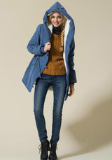 Blue Drawstring Buttons Casual Thick Hooded Coat