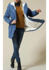 Blue Drawstring Buttons Casual Thick Hooded Coat