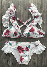 White Floral Peplum Tie Back 2-in-1 V-neck Fashion Swimwear