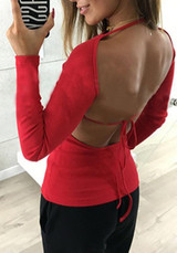 Red Tie Back Round Neck Fashion T-Shirt