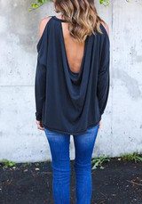 Navy Blue Cut Out Sleeve Backless Going out Casual T-Shirt