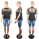 Black Hollow-out Round Neck Short Sleeve Casual T-Shirt