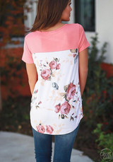Pink Floral Print V-neck Short Sleeve T-Shirt