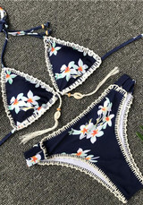 Blue Patchwork Condole Belt 2-in-1 Print Tassel V-neck Swimwear