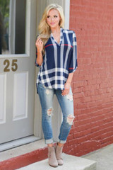 Autumn Fashion Top V Neck Tops Plaid Women Blouse Shirt Three-quarter Sleeve Blouses