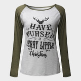 Women T-shirt Christmas Letter Print Mosaic Top Casual O-neck Raglan Long Sleeve T shirt