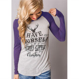 Women T-shirt Christmas Letter Print Mosaic Top Casual O-neck Raglan Long Sleeve T shirt