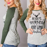Women T-shirt Christmas Letter Print Mosaic Top Casual O-neck Raglan Long Sleeve T shirt