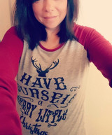 Women T-shirt Christmas Letter Print Mosaic Top Casual O-neck Raglan Long Sleeve T shirt