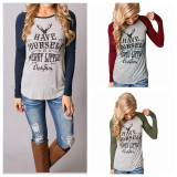 Women T-shirt Christmas Letter Print Mosaic Top Casual O-neck Raglan Long Sleeve T shirt
