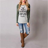 Women T-shirt Christmas Letter Print Mosaic Top Casual O-neck Raglan Long Sleeve T shirt