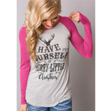 Women T-shirt Christmas Letter Print Mosaic Top Casual O-neck Raglan Long Sleeve T shirt
