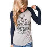 Women T-shirt Christmas Letter Print Mosaic Top Casual O-neck Raglan Long Sleeve T shirt