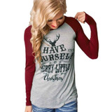 Women T-shirt Christmas Letter Print Mosaic Top Casual O-neck Raglan Long Sleeve T shirt