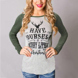 Women T-shirt Christmas Letter Print Mosaic Top Casual O-neck Raglan Long Sleeve T shirt