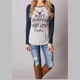 Women T-shirt Christmas Letter Print Mosaic Top Casual O-neck Raglan Long Sleeve T shirt