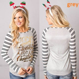 Women T-shirt Christmas Letter Print Mosaic Top Casual O-neck Raglan Long Sleeve T shirt