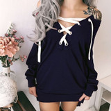 Autumn Winter Women Fashion Mid-length Bandage V-neck Loose Long Sleeve Hoodie Casual Sexy T shirt Tops