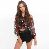Casual Womens Mesh Sheer Floral Embroidered Shirts See-through Tops Blouses