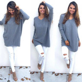 Womens V-Neck Loose Knitted Oversized Baggy Sweater Jumper Tops Dress Outwear