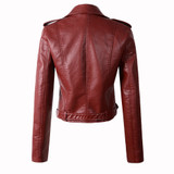 Women Autunm Winter Red Faux Leather Jackets Lady Bomber Motorcycle Cool Outerwear Coat