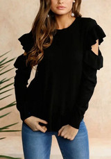 Casual Black Plain Ruffle Irregular Round Neck Fashion Pullover Sweater