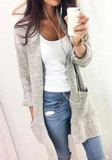 Grey Plain Pockets Round Neck Long Sleeve Casual Cardigan Sweater Grey Plain Pockets Round Neck Long Sleeve Casual Cardigan Sweater
