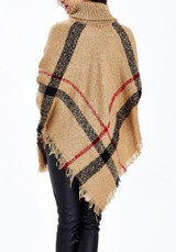 Casual Camel Striped Print Tassel Cape High Neck Fashion Pullover Sweater