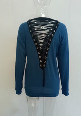 Casual Blue Patchwork Hollow-out Drawstring Lace Up Pullover Sweater