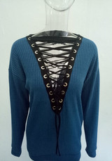 Casual Blue Patchwork Hollow-out Drawstring Lace Up Pullover Sweater