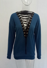 Casual Blue Patchwork Hollow-out Drawstring Lace Up Pullover Sweater
