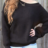 Casual Black Plain Irregular Round Neck Long Sleeve Knit Pullover Sweater