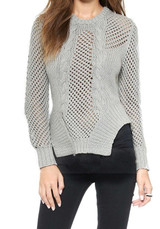 Grey Plain Hollow-out Irregular Round Neck Pullover Sweater