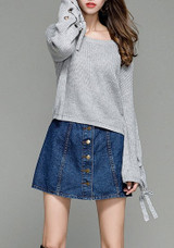 Grey Drawstring Round Neck Long Sleeve Pullover Sweater