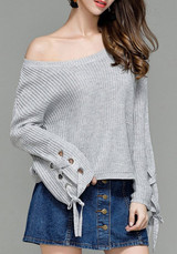 Grey Drawstring Round Neck Long Sleeve Pullover Sweater