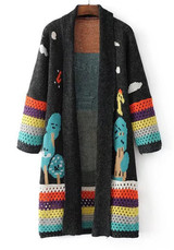 Casual Black Floral Print Turndown Collar Long Sleeve Sweet Cardigan Sweater