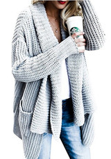 Grey Pockets Irregular Turndown Collar Long Sleeve Casual Cardigan Sweater