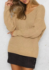 Casual Apricot Irregular Pleated Crop V-neck Long Sleeve Pullover Sweater