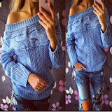 Casual Blue Plain Hollow-out Round Neck Fashion Loose Pullover Sweater