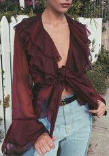 Casual Red Ruffle Irregular Plunging Neckline Long Sleeve Layers Of Casual Blouse